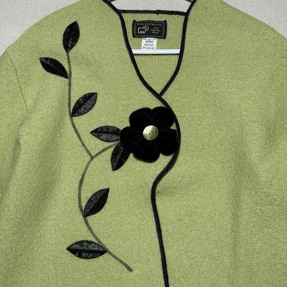 Vintage South Wool Green Floral Applique Cardigan Sweater Women’s Large Button - Picture 2 of 7